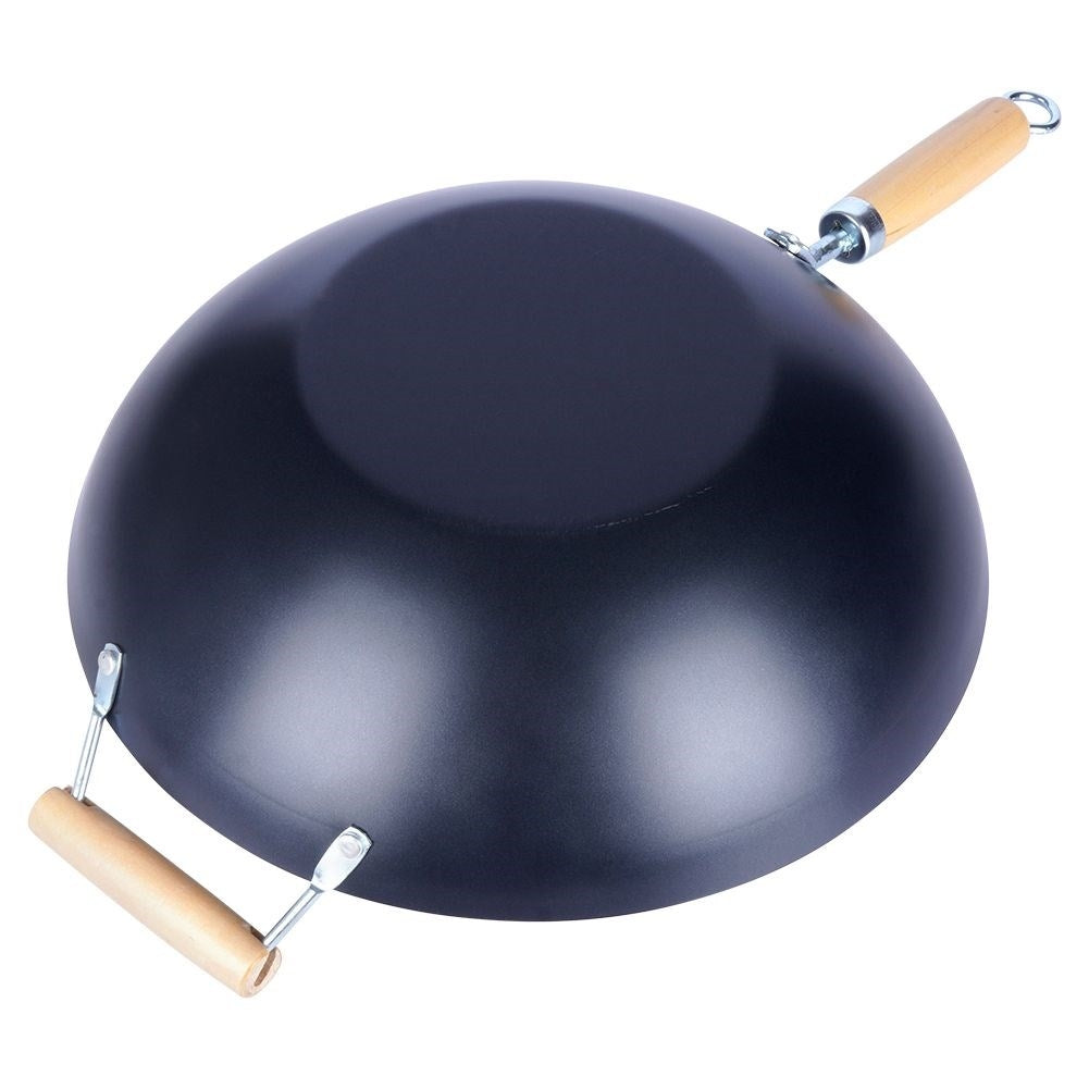 Carbon steel wok with non-stick and wooden handle