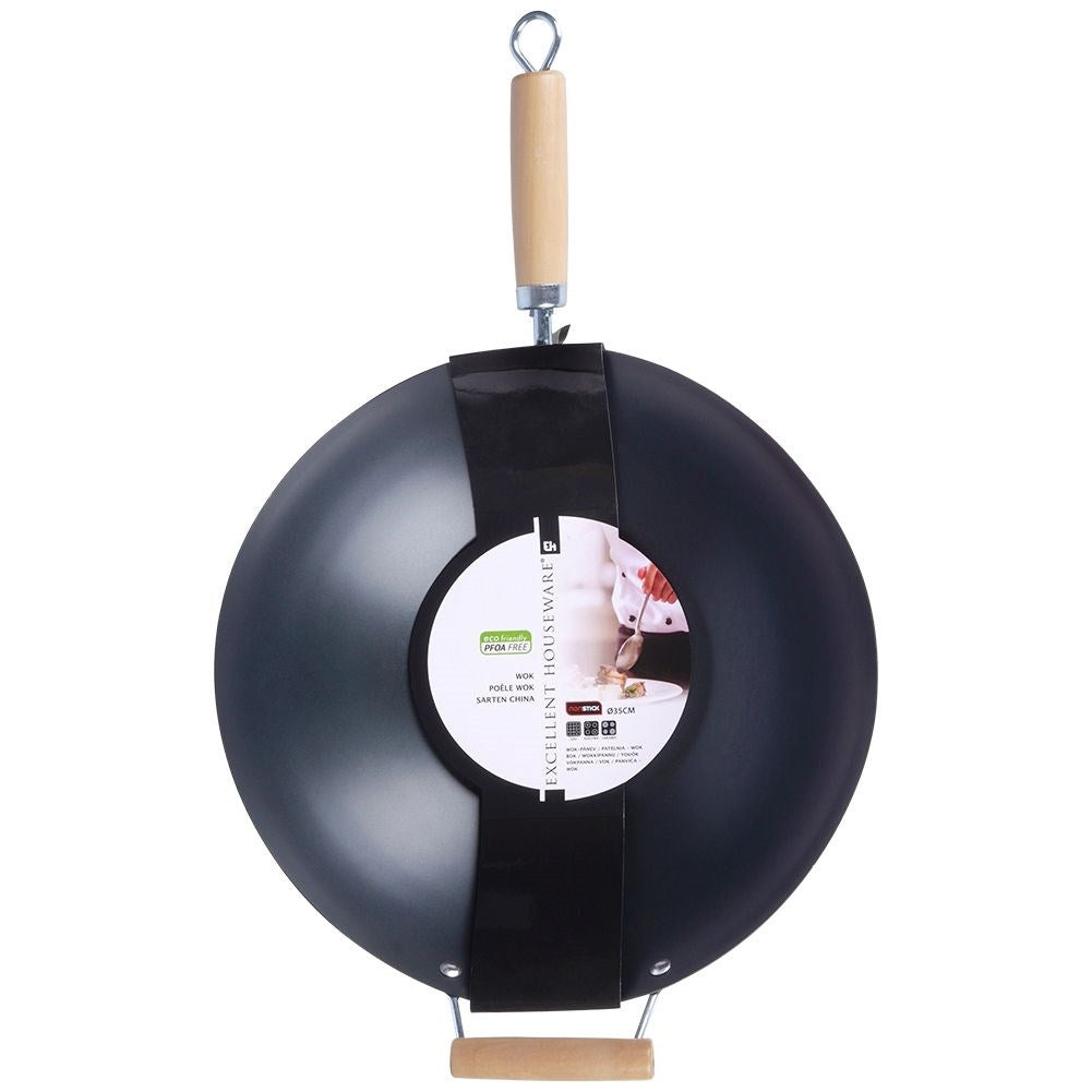 Carbon steel wok with non-stick and wooden handle