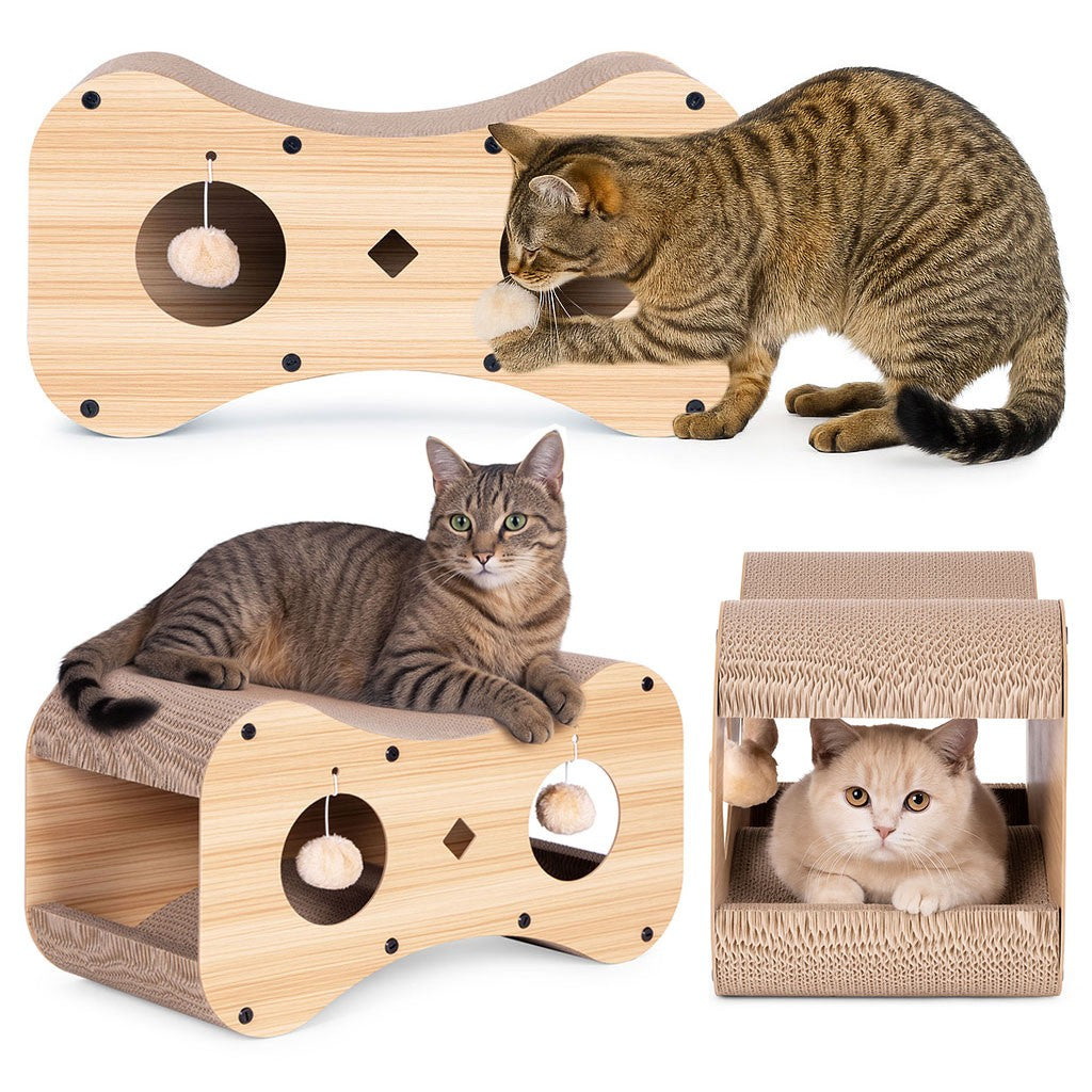 Cardboard Cat Scratcher with House, Bed and Hanging Pom-Poms Petsi