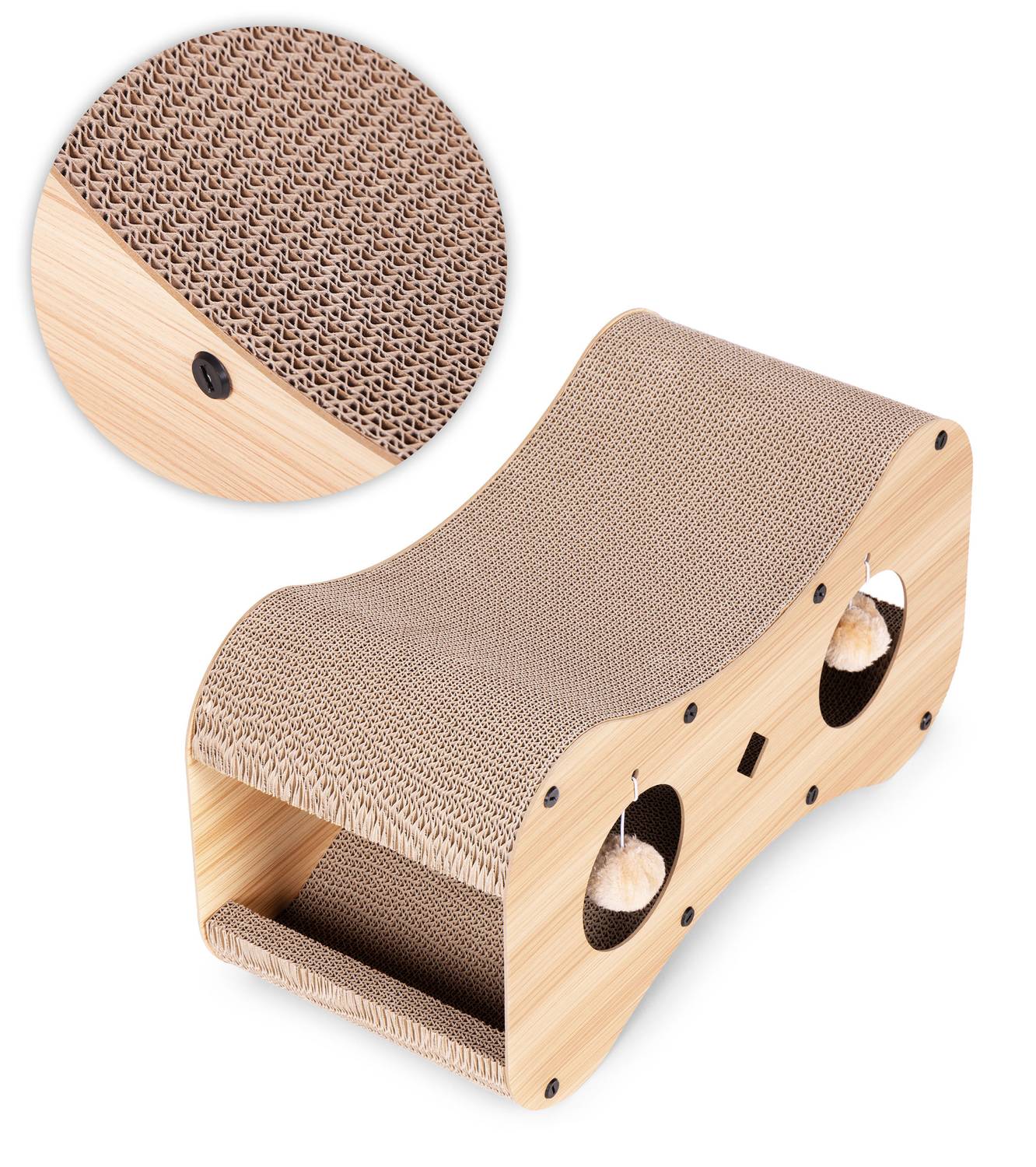 Cardboard Cat Scratcher with House, Bed and Hanging Pom-Poms Petsi