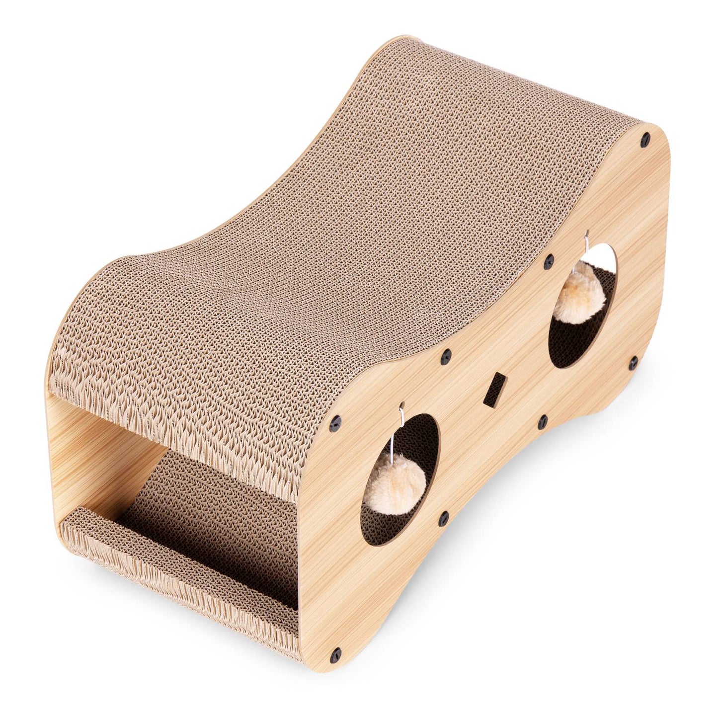 Cardboard Cat Scratcher with House, Bed and Hanging Pom-Poms Petsi