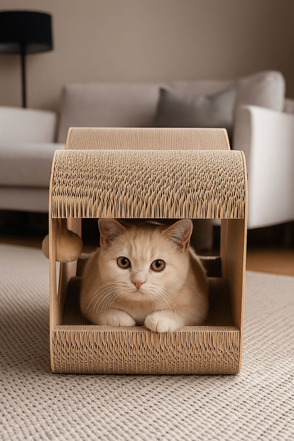 Cardboard Cat Scratcher with House, Bed and Hanging Pom-Poms Petsi