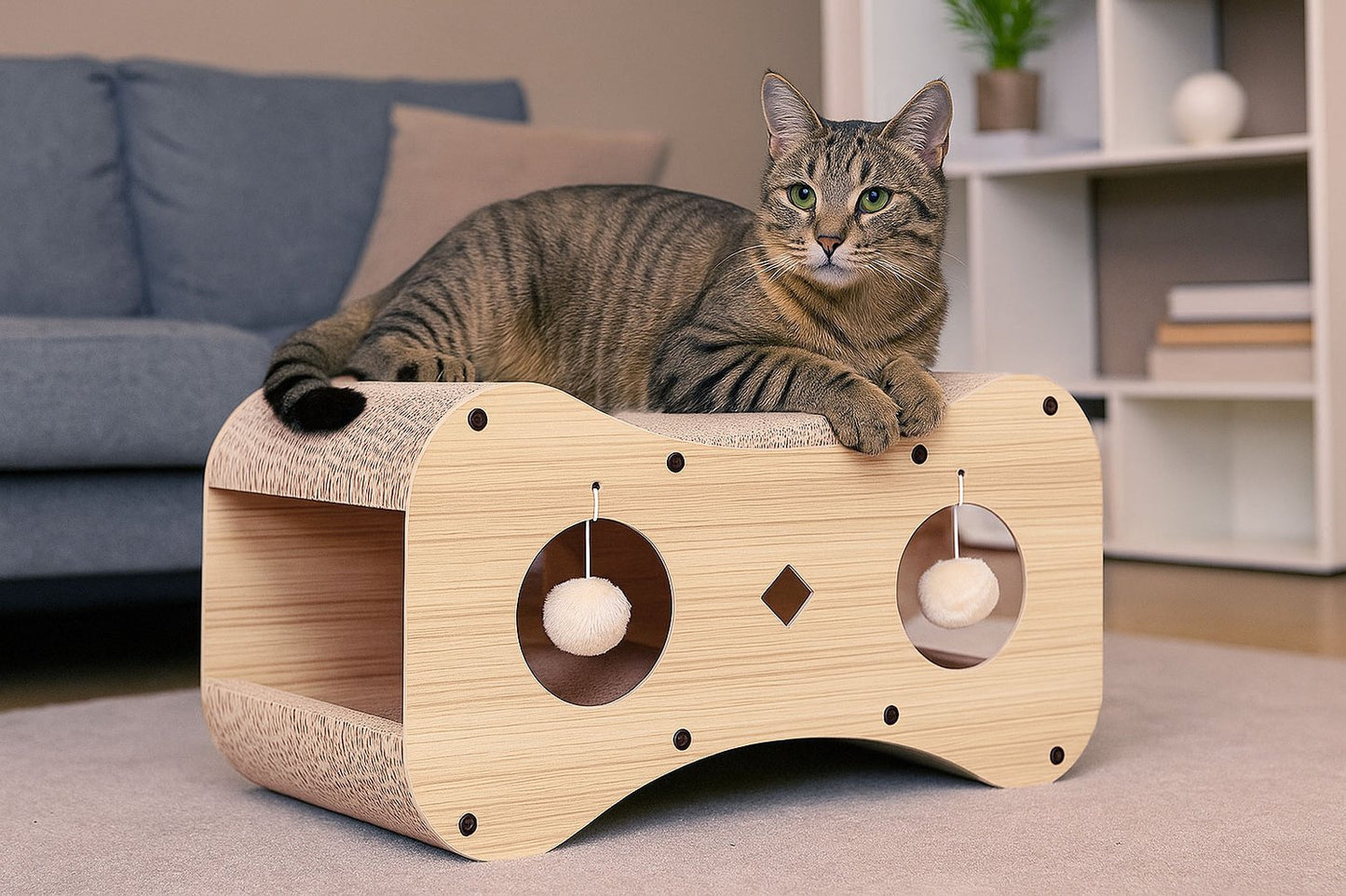 Cardboard Cat Scratcher with House, Bed and Hanging Pom-Poms Petsi