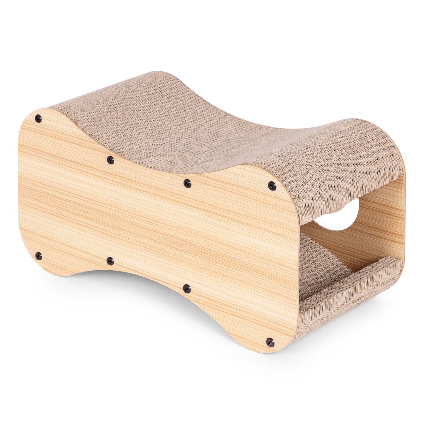 Cardboard Cat Scratcher with House, Bed and Hanging Pom-Poms Petsi
