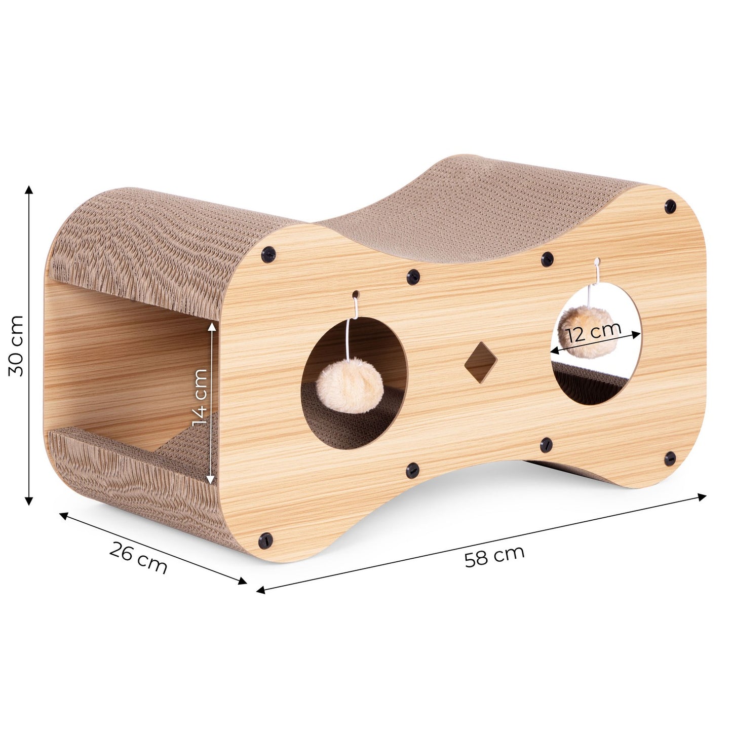 Cardboard Cat Scratcher with House, Bed and Hanging Pom-Poms Petsi