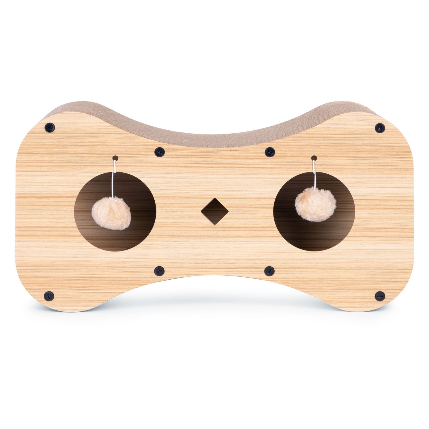 Cardboard Cat Scratcher with House, Bed and Hanging Pom-Poms Petsi