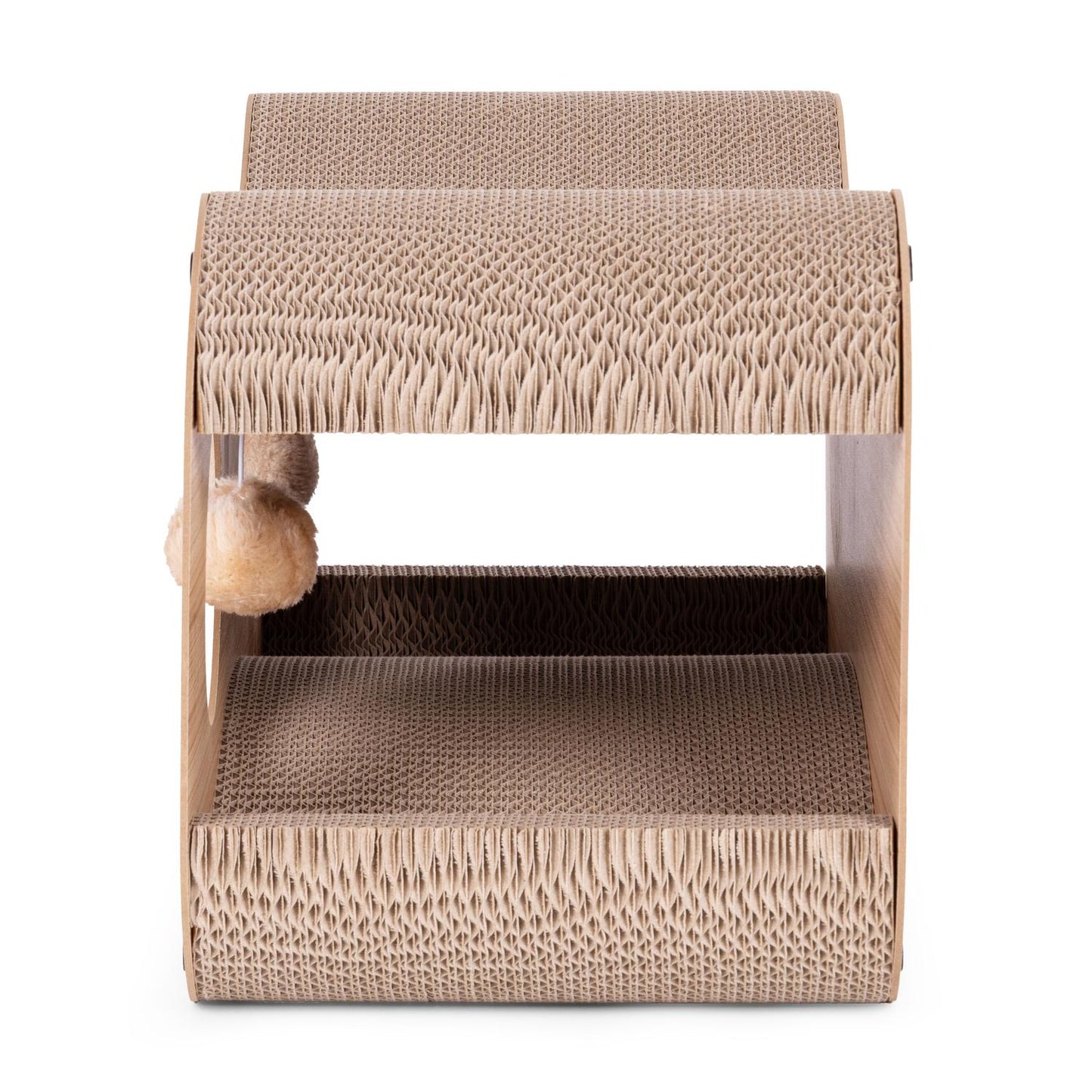 Cardboard Cat Scratcher with House, Bed and Hanging Pom-Poms Petsi