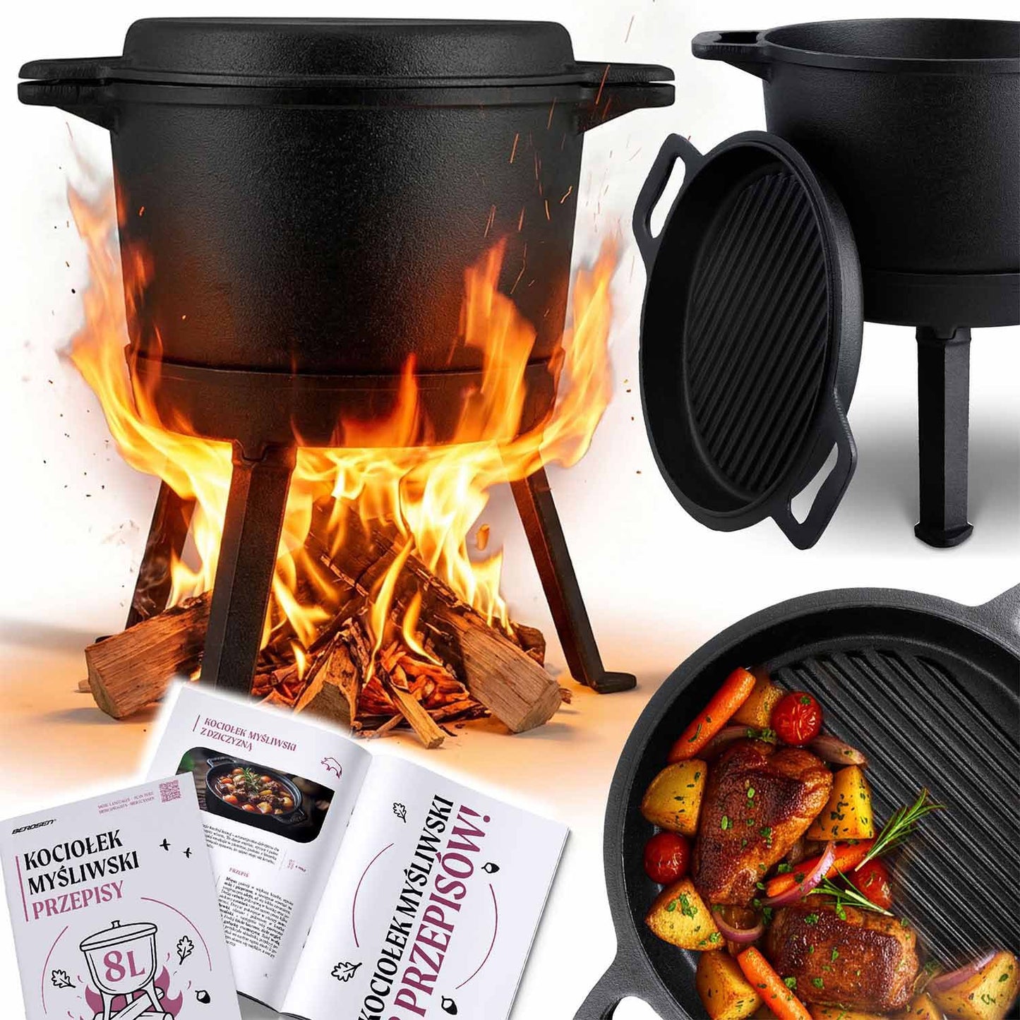 Cast Iron Cooking Pot with Grill Pan, 8L for Campfire