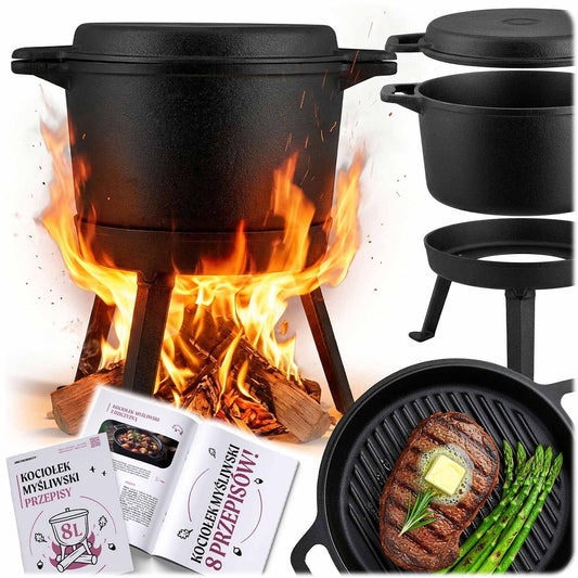 Cast Iron Cooking Pot with Grill Pan, 8L for Campfire
