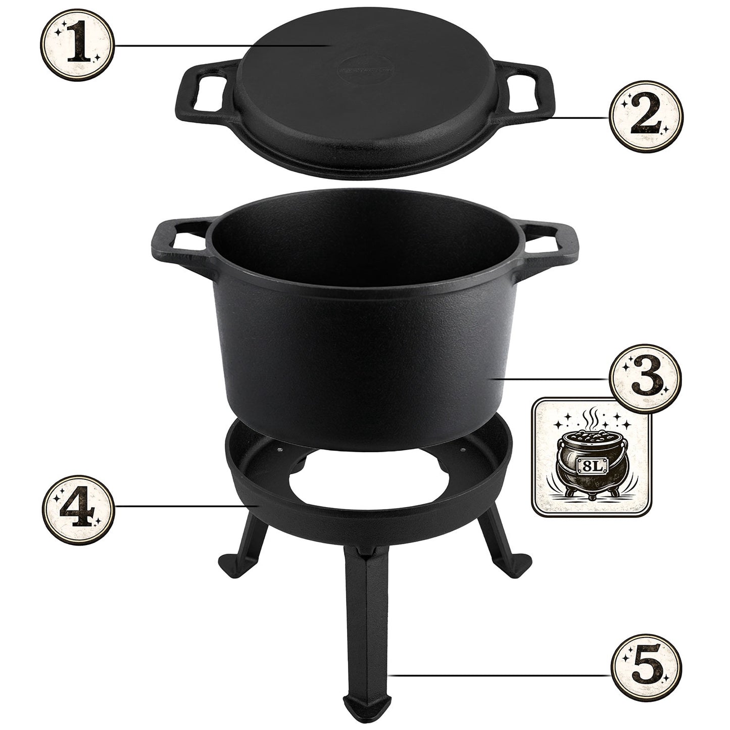 Cast Iron Cooking Pot with Grill Pan, 8L for Campfire