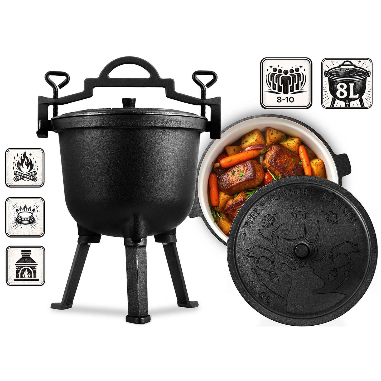 Cast Iron Enamel Pot 8L for Campfire Cooking