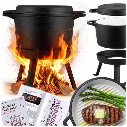 Cast Iron Enamel Pot 8L with Grill Pan for Campfire Cooking