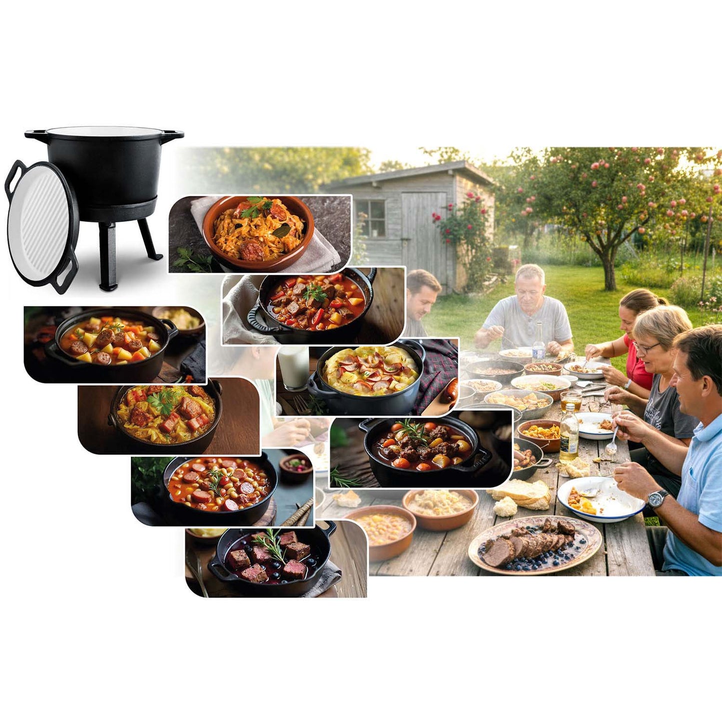 Cast Iron Enamel Pot 8L with Grill Pan for Campfire Cooking