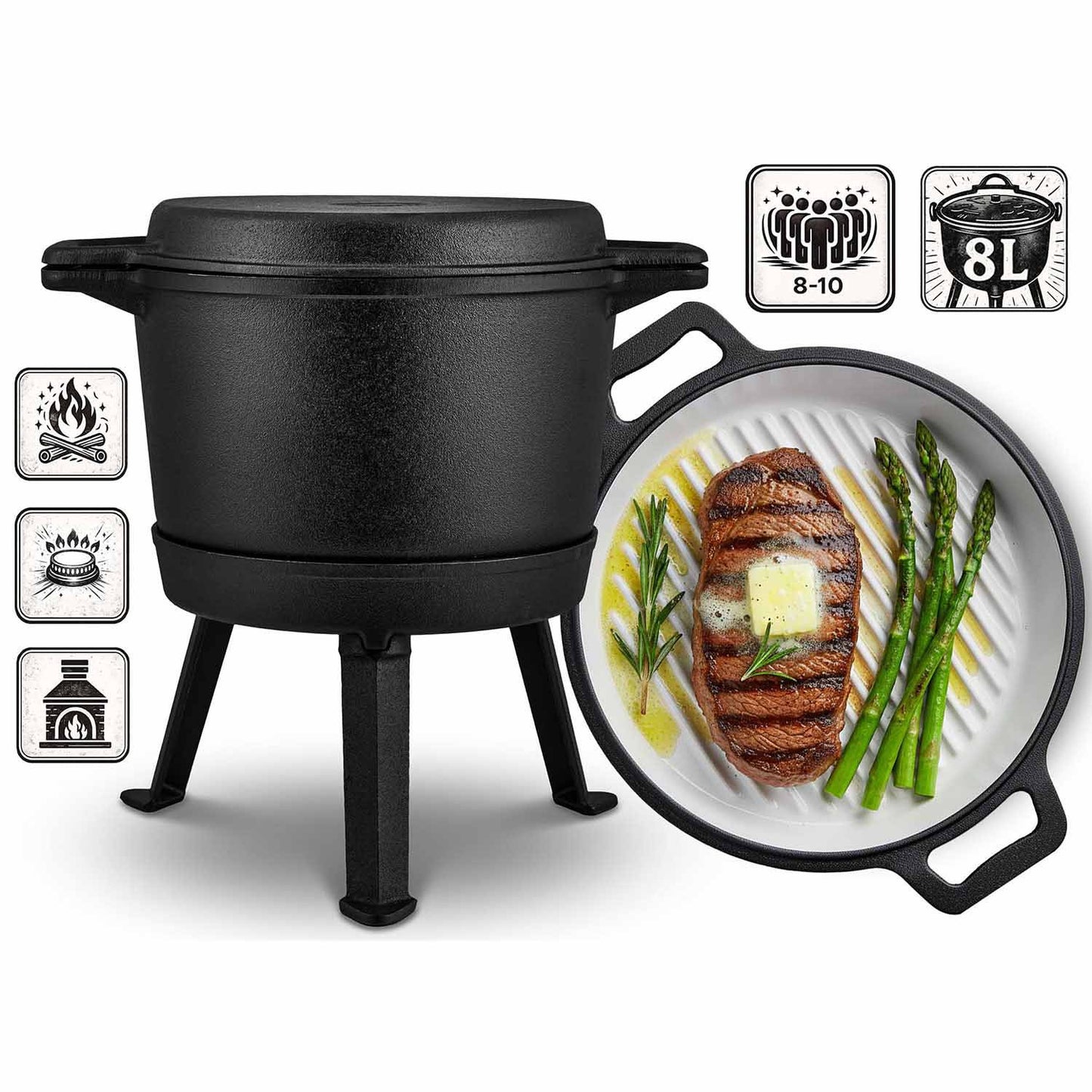 Cast Iron Enamel Pot 8L with Grill Pan for Campfire Cooking
