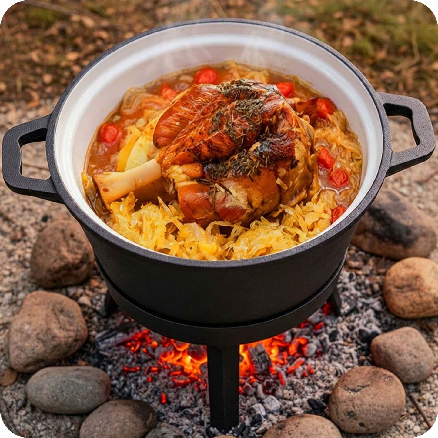 Cast Iron Enamel Pot 8L with Grill Pan for Campfire Cooking
