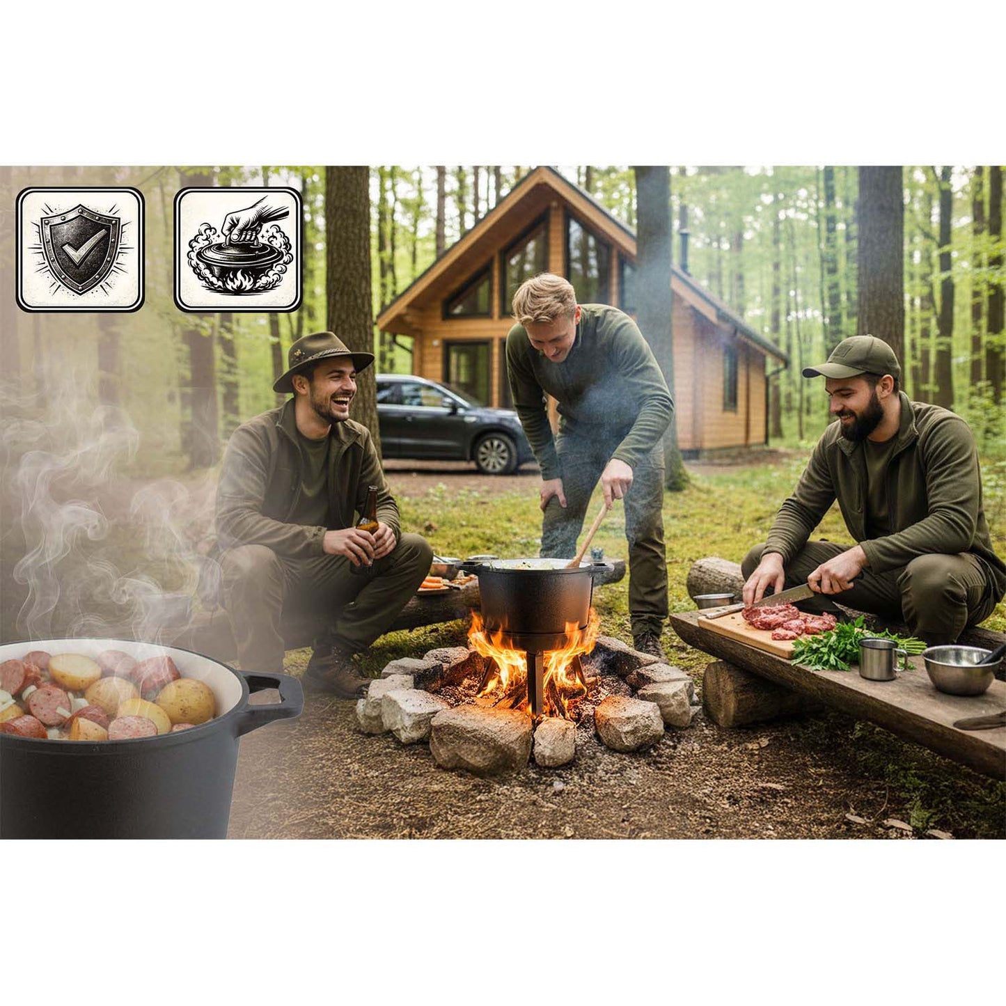 Cast Iron Enamel Pot 8L with Grill Pan for Campfire Cooking