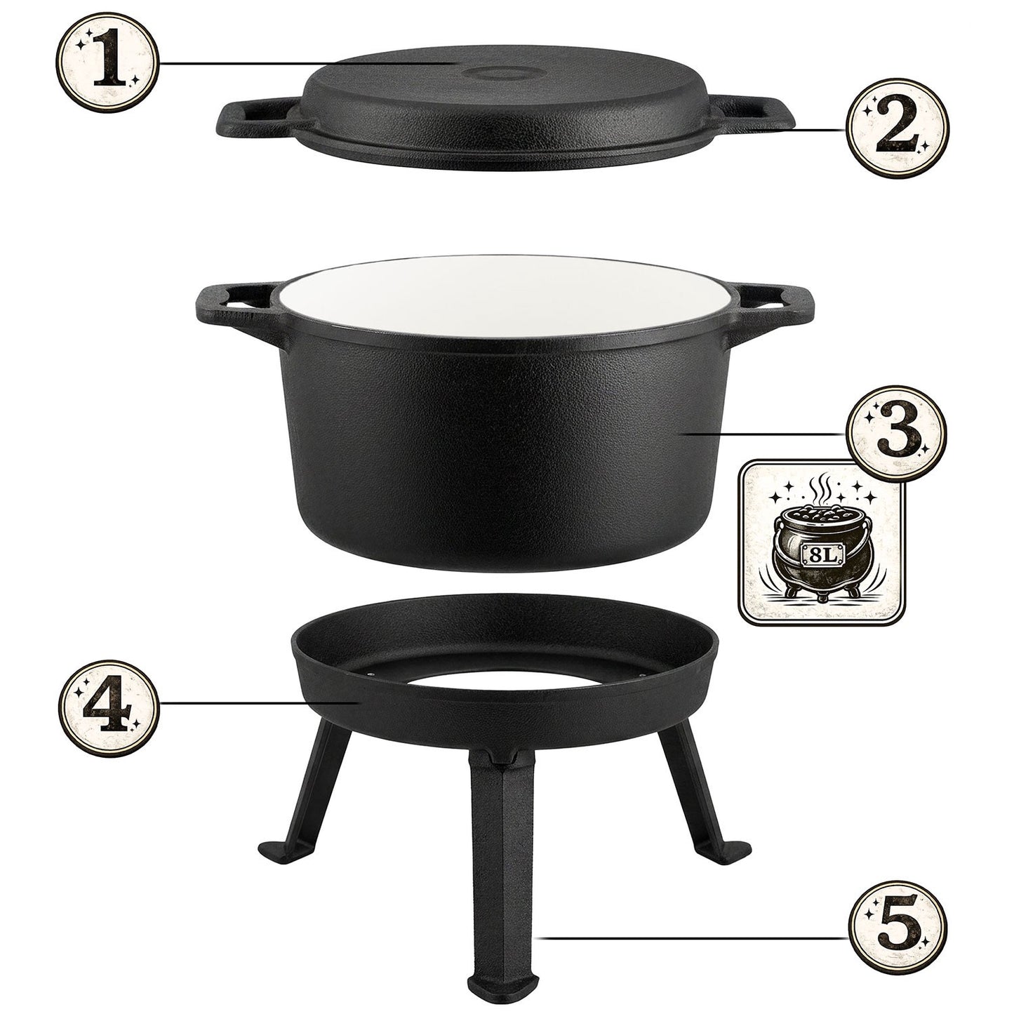 Cast Iron Enamel Pot 8L with Grill Pan for Campfire Cooking