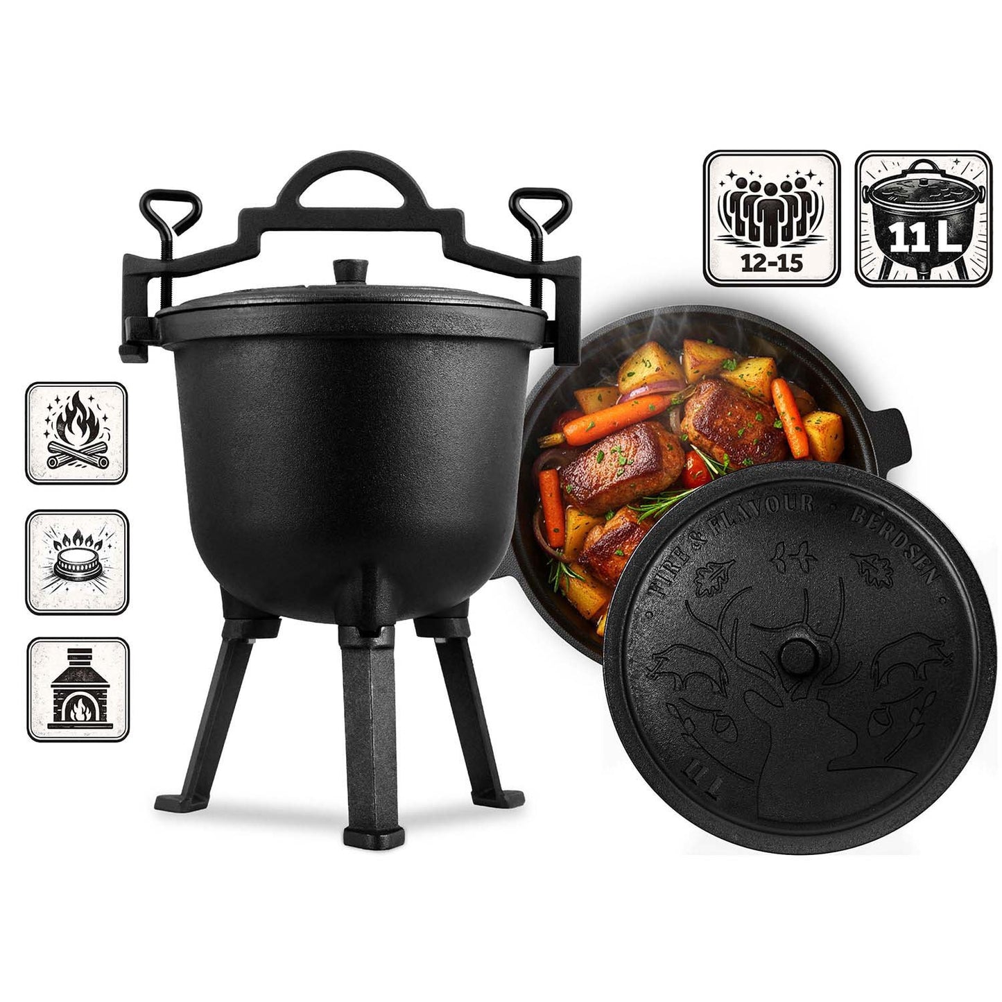 Cast Iron Pot 11L for Campfire and Grill Cooking