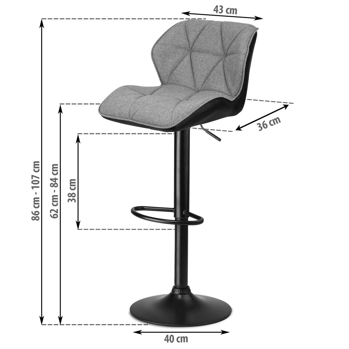 Castel bar stool with backrest, black and gray