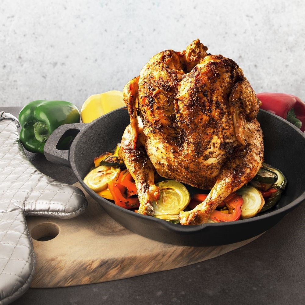 Cast iron pan with rack for chicken and baking