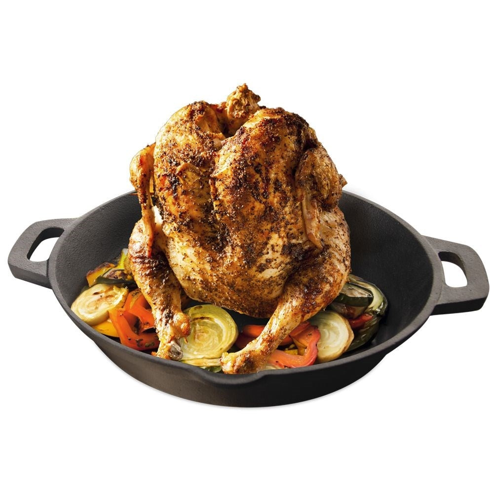 Cast iron pan with rack for chicken and baking