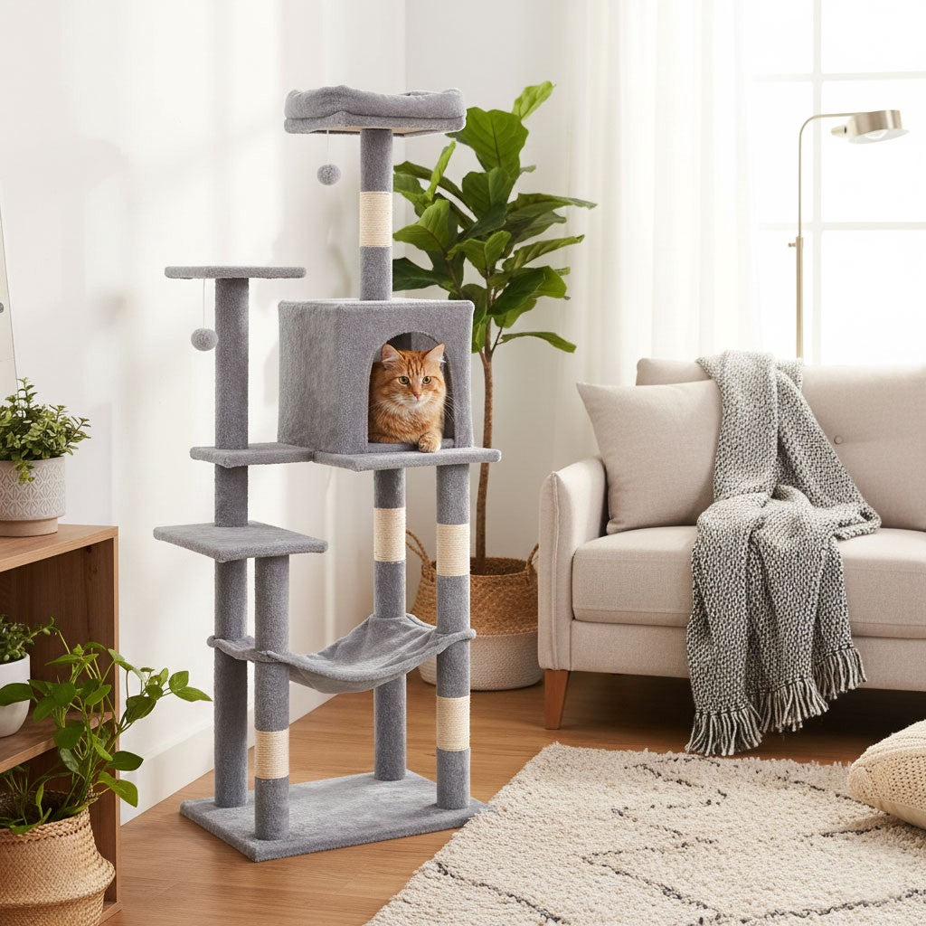 Cat Scratching Post Tower with Hammock, 146 cm, Gray