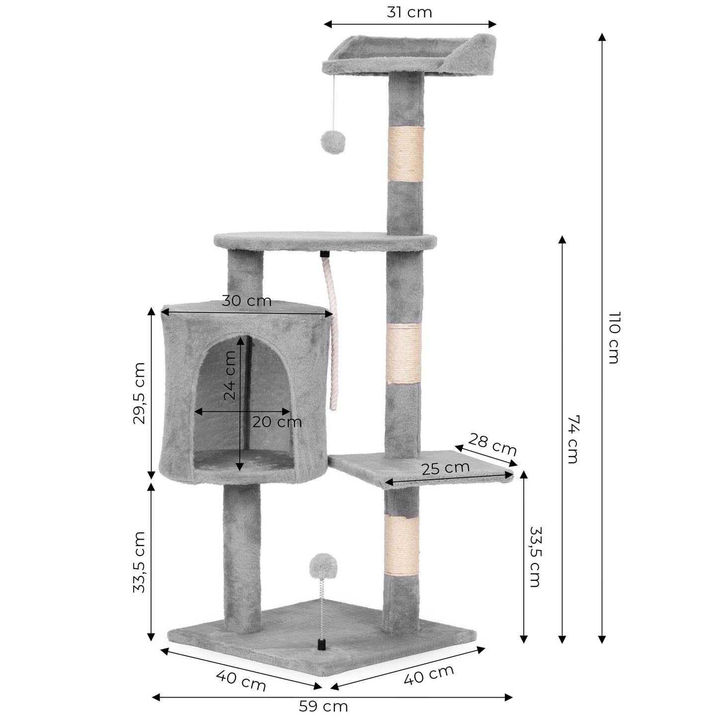 Cat Scratching Post Tower with House, 110 cm Gray