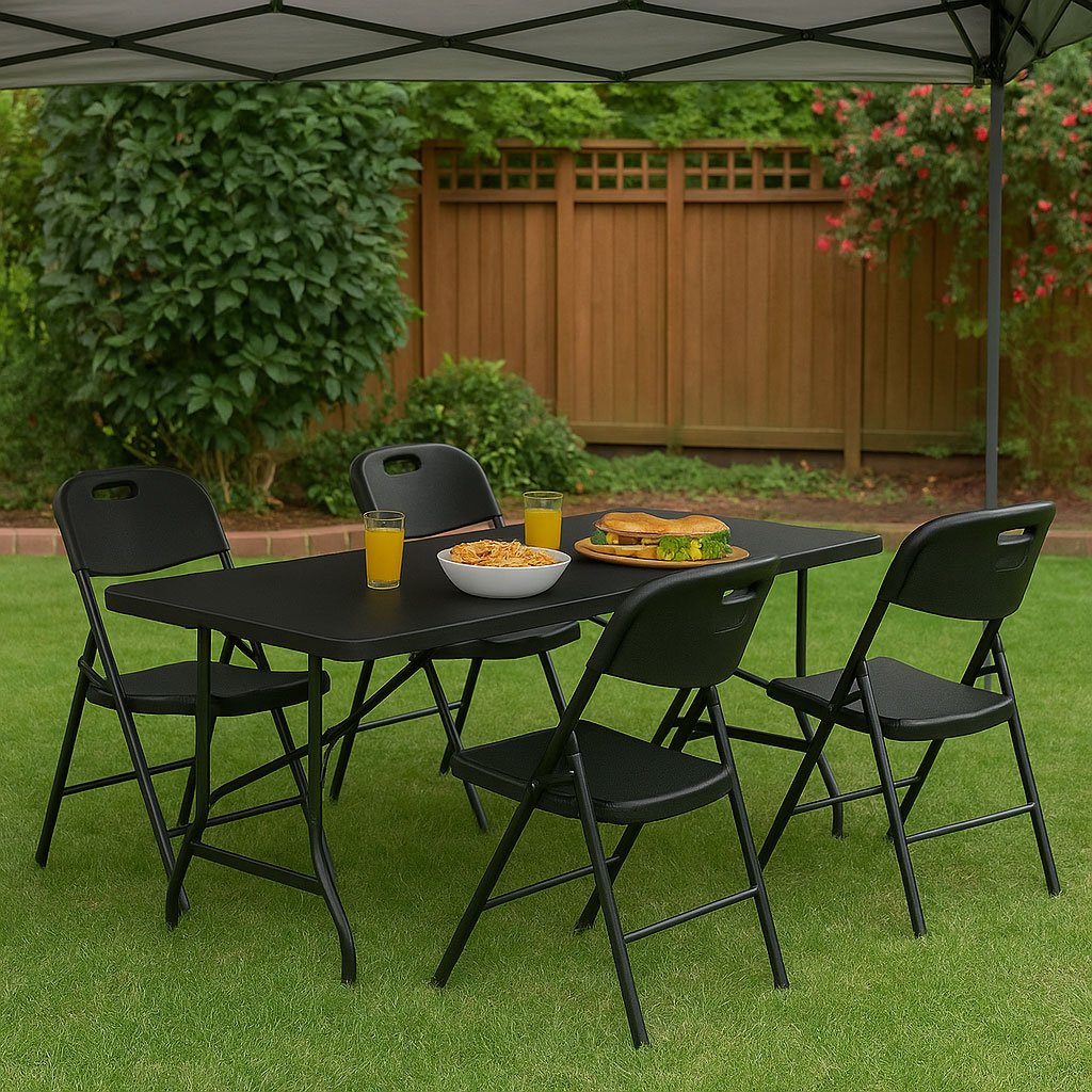 Catering Set – Folding Table + 4 Chairs HDPE Black MultiGarden