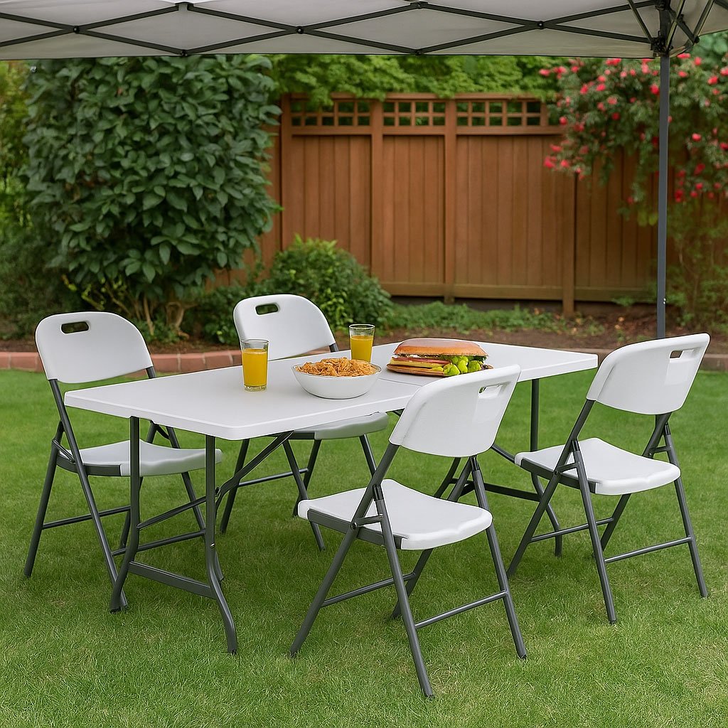 Catering Set – Folding Table + 4 Chairs HDPE White MultiGarden