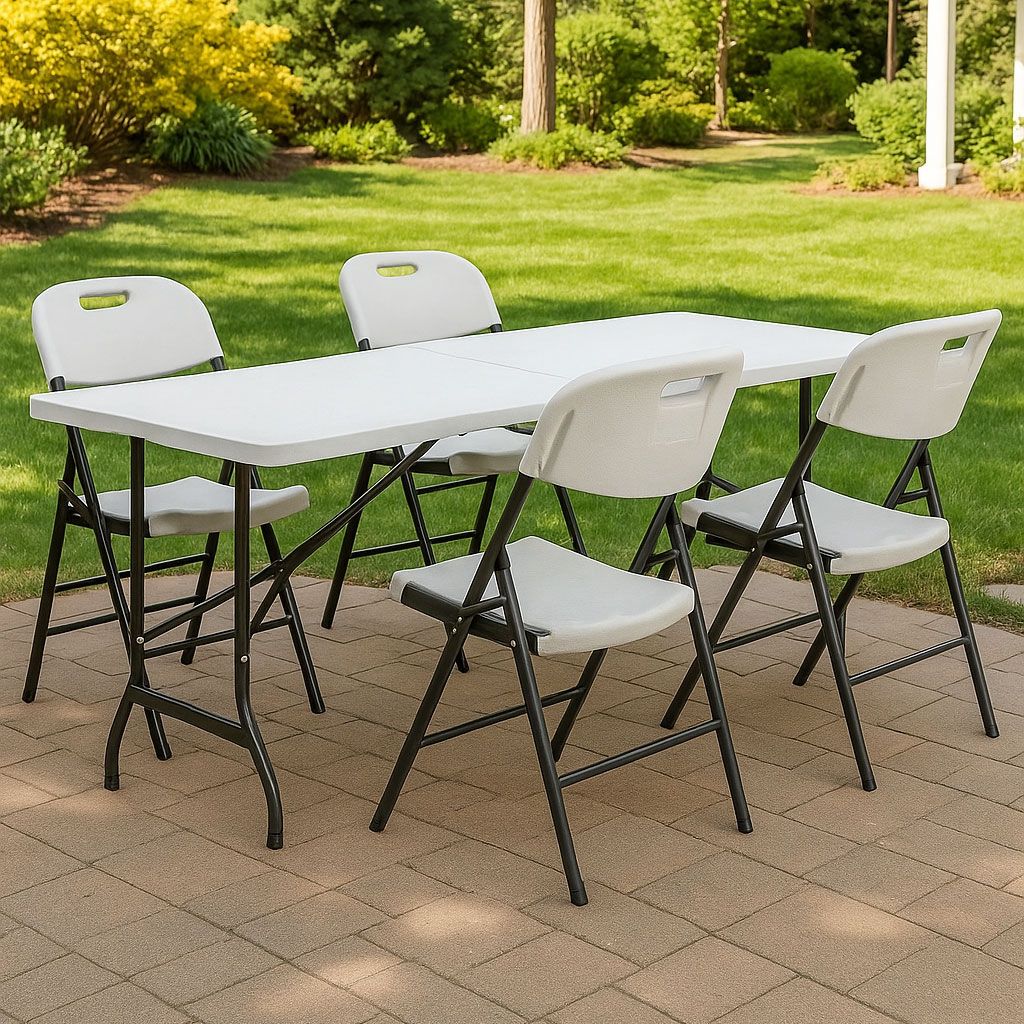 Catering Set – Folding Table + 4 Chairs HDPE White MultiGarden