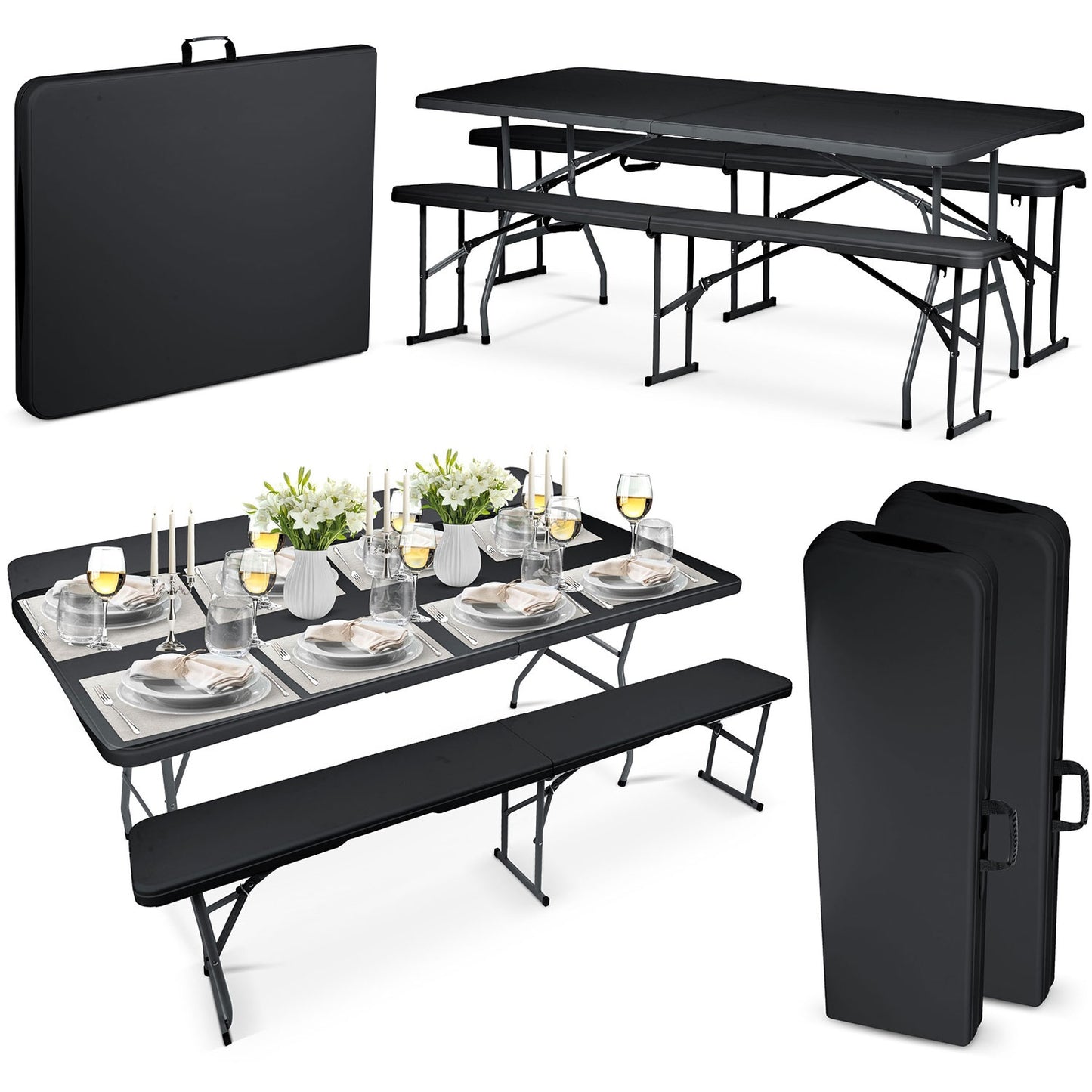 Catering set garden folding table + 2 benches 180 cm Plonos black