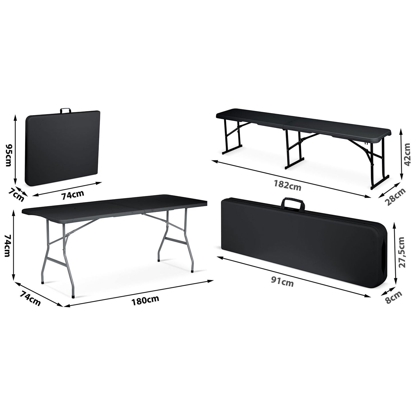 Catering set garden folding table + 2 benches 180 cm Plonos black