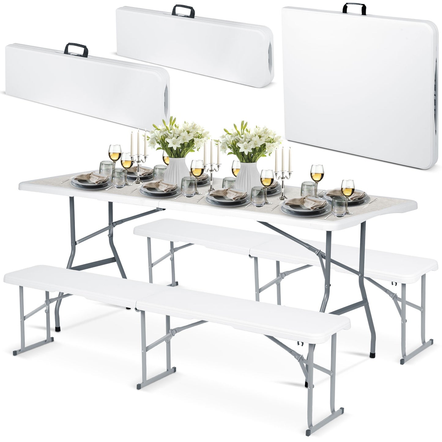 Catering set garden folding table + 2 benches 180 cm Plonos white