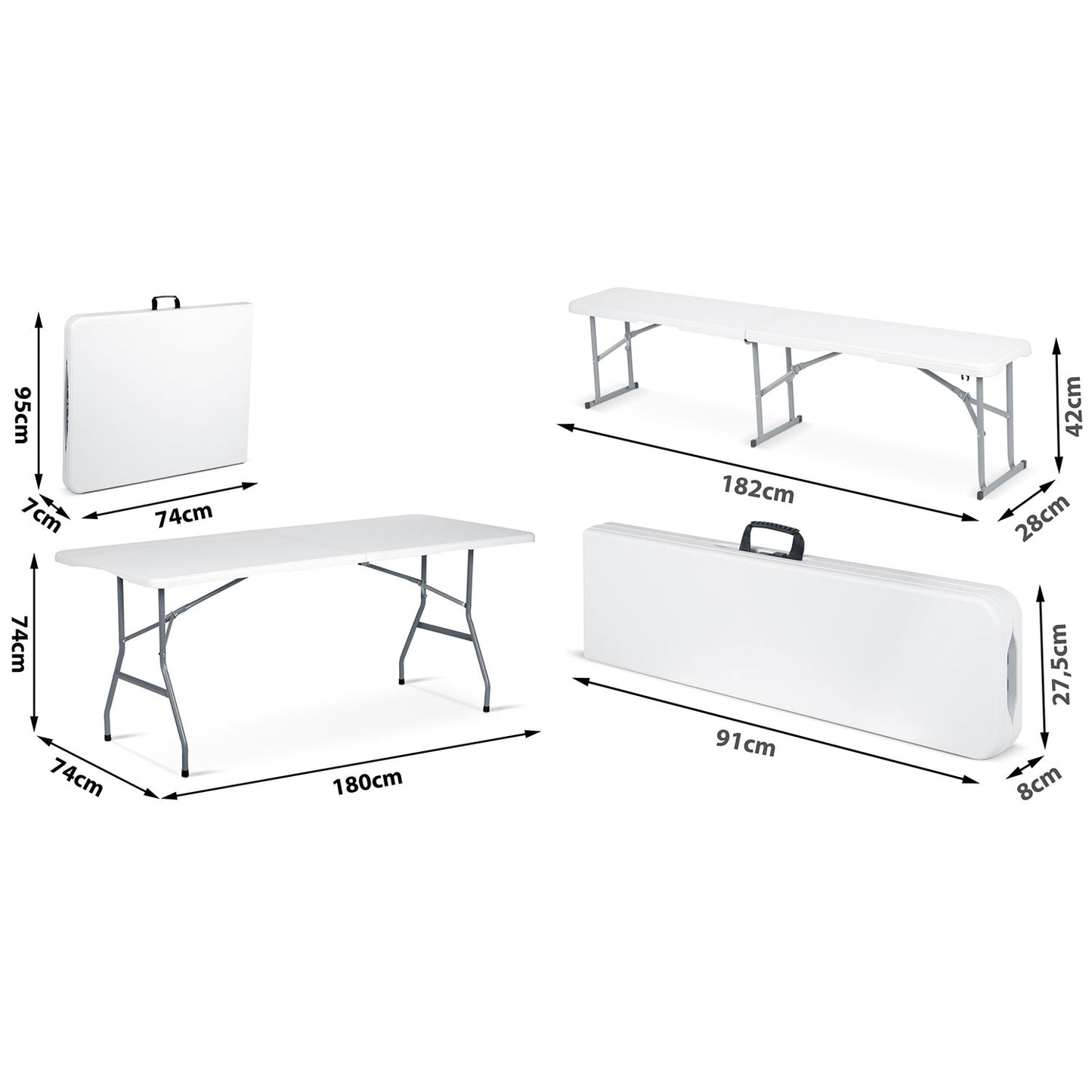 Catering set garden folding table + 2 benches 180 cm Plonos white