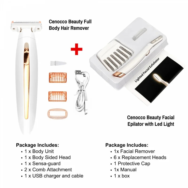 Cenocco Beauty SETCC9087/9086: 2 in 1Full Body Hair Remover + Facial Epilator with LED Combo Deal