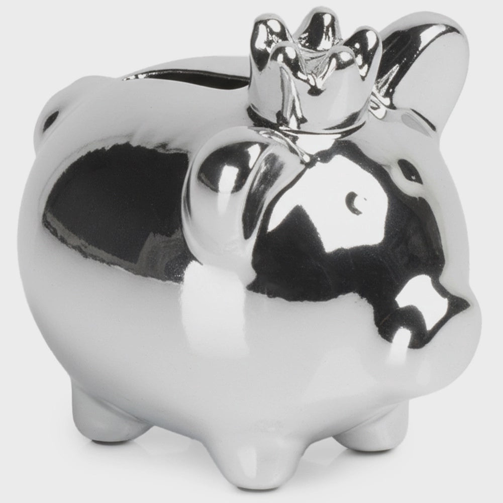 Ceramic Piggy Bank, Silver Mirror Finish, 9.5x7x8.5 cm