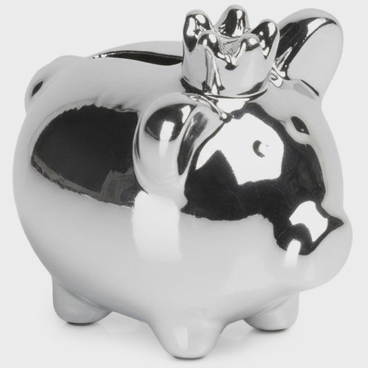 Ceramic Piggy Bank, Silver Mirror Finish, 9.5x7x8.5 cm