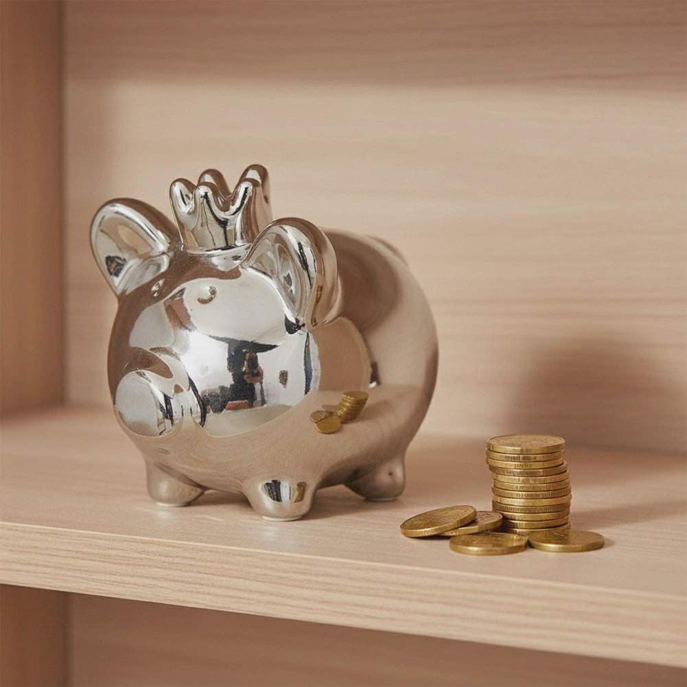 Ceramic Piggy Bank, Silver Mirror Finish, 9.5x7x8.5 cm