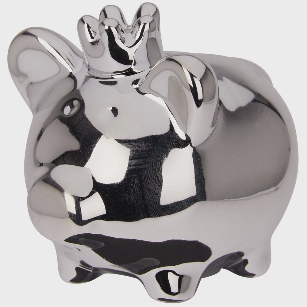 Ceramic Piggy Bank, Silver Mirror Finish, 9.5x7x8.5 cm