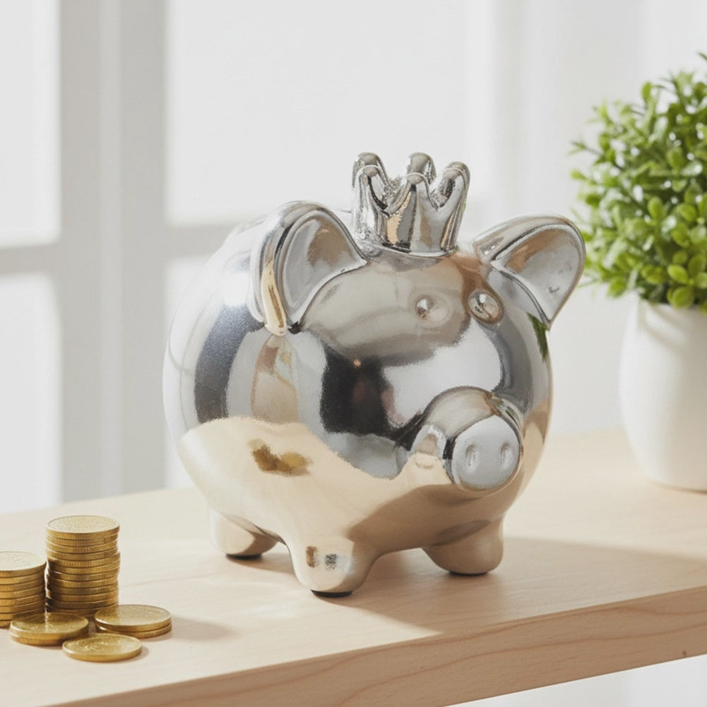 Ceramic Piggy Bank, Silver Mirror Finish, 9.5x7x8.5 cm