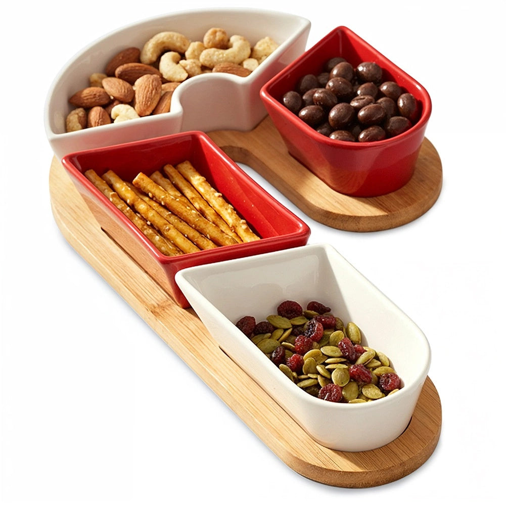 Ceramic Snack Bowls Set with Bamboo Tray, 5-Piece