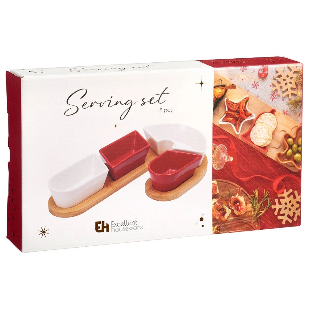 Ceramic Snack Bowls Set with Bamboo Tray, 5-Piece