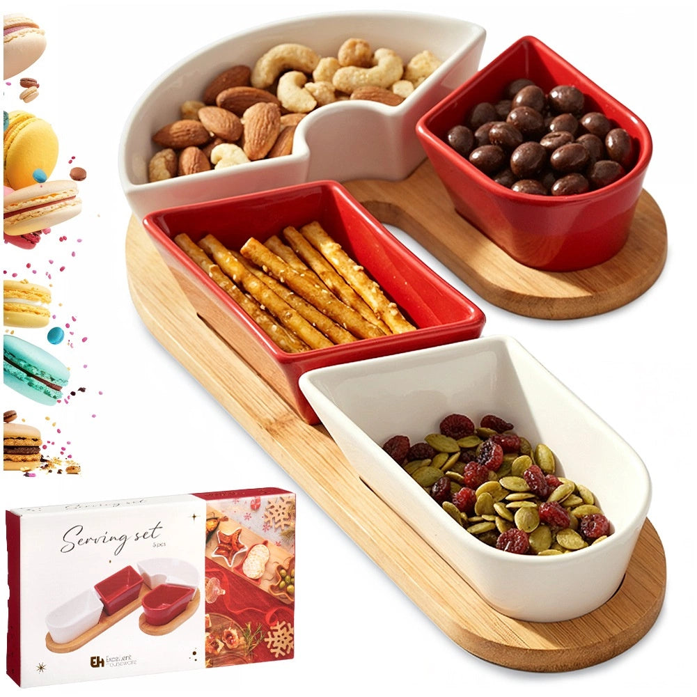 Ceramic Snack Bowls Set with Bamboo Tray, 5-Piece