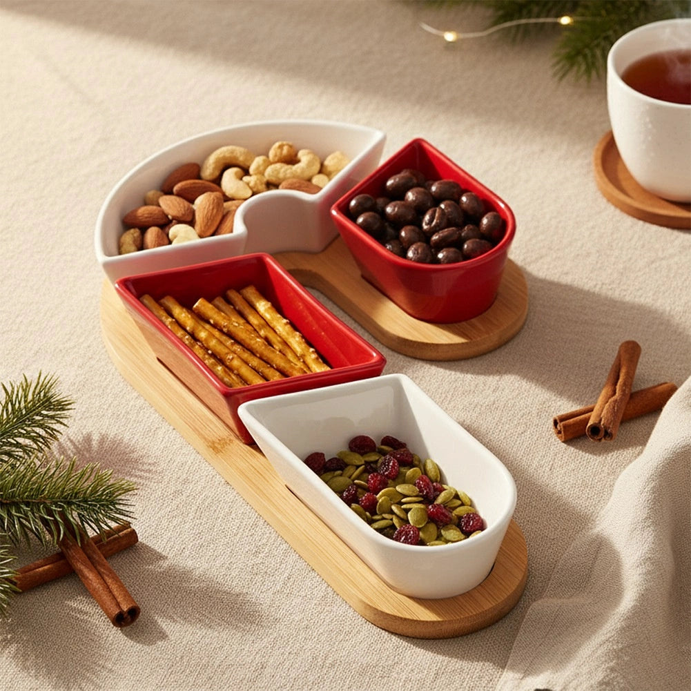 Ceramic Snack Bowls Set with Bamboo Tray, 5-Piece