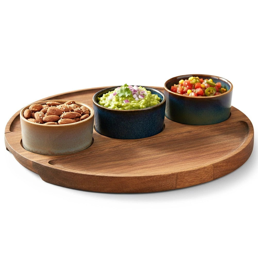 Ceramic Snack Bowls with Acacia Tray, 4-Piece Set