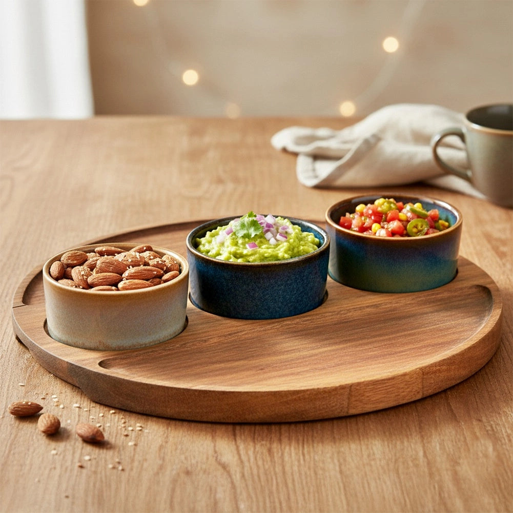Ceramic Snack Bowls with Acacia Tray, 4-Piece Set