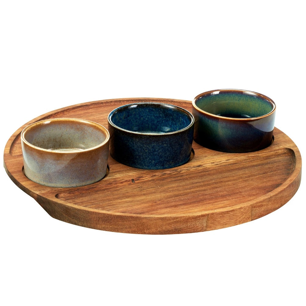Ceramic Snack Bowls with Acacia Tray, 4-Piece Set