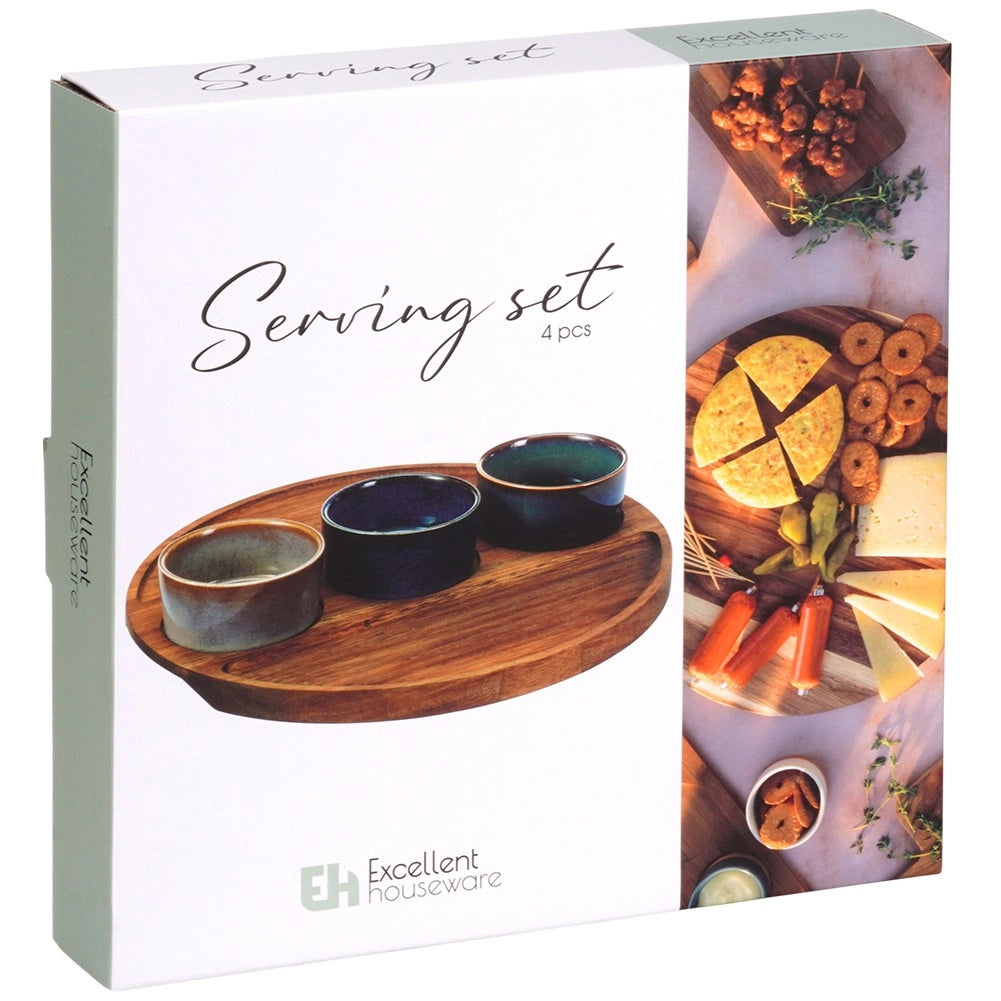 Ceramic Snack Bowls with Acacia Tray, 4-Piece Set