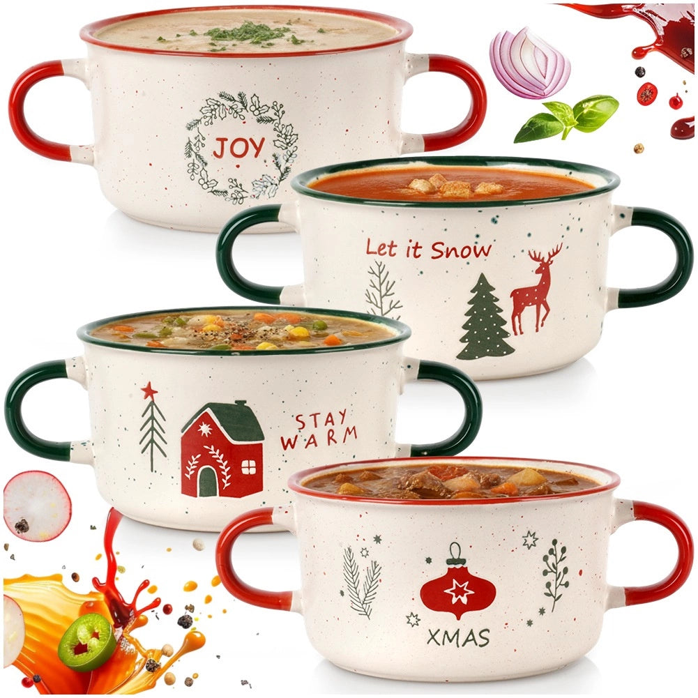 Ceramic Soup Bowls, 625 ml, Set of 4, Christmas Theme