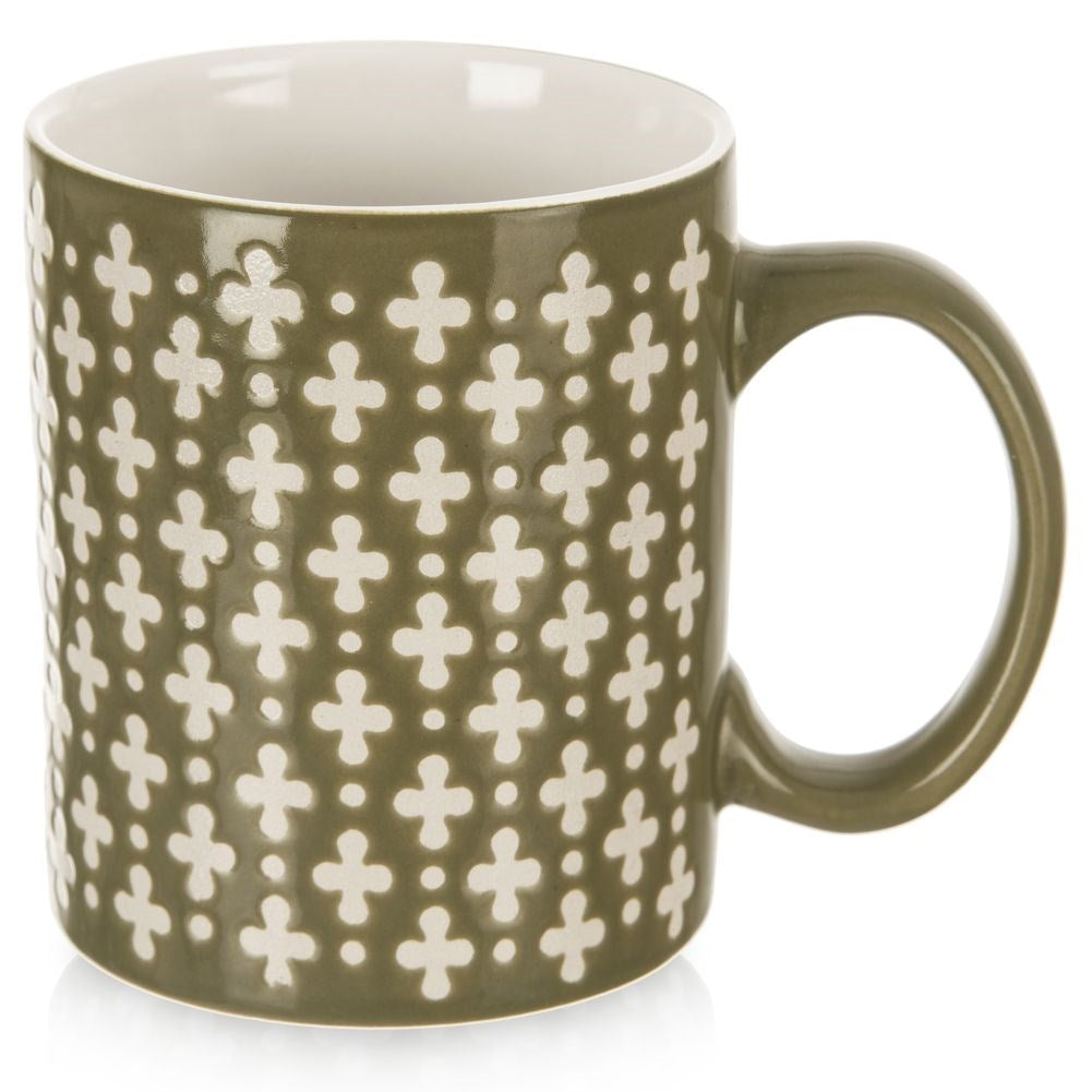 Ceramic cup for coffee and tea, green with cream decoration
